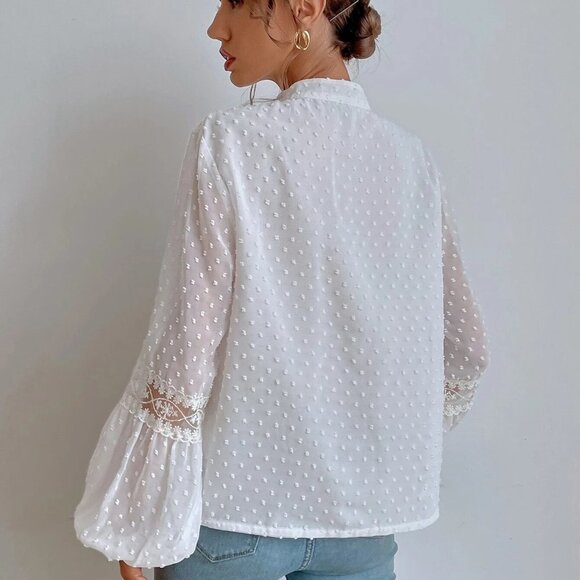 White Boho Womens Swiss Dot Embroidery Mesh Insert Lantern Sleeve Tassel Blouse - Picture 2 of 5